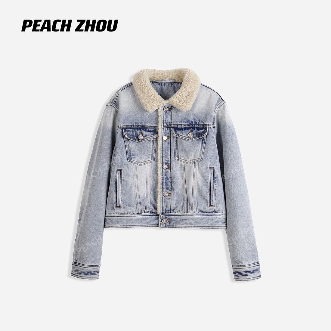 Peachzhou Retro Plaid Lambswool Collar Fitted Denim Jacket Medium
