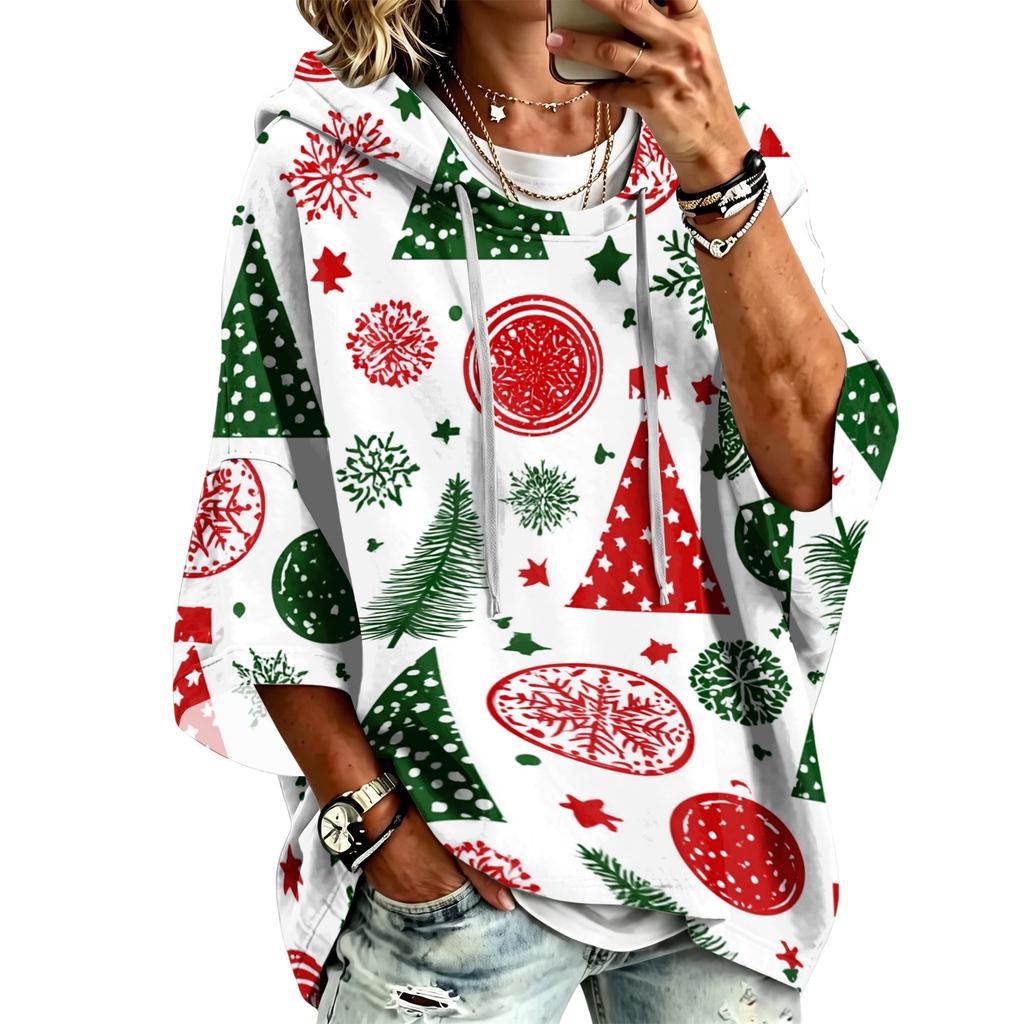 Women's Christmas Print Three-Quarter Sleeve Hooded Pullover Top