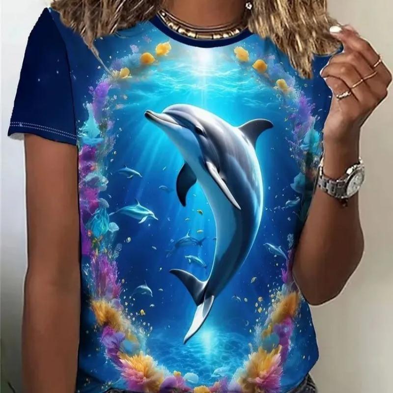 Casual Fashion Simple Abstract Painting Animal Sea Dolphin Breathable 3D Printed Round Neck Short Sleeve T-shirt Casual Sports Shirt