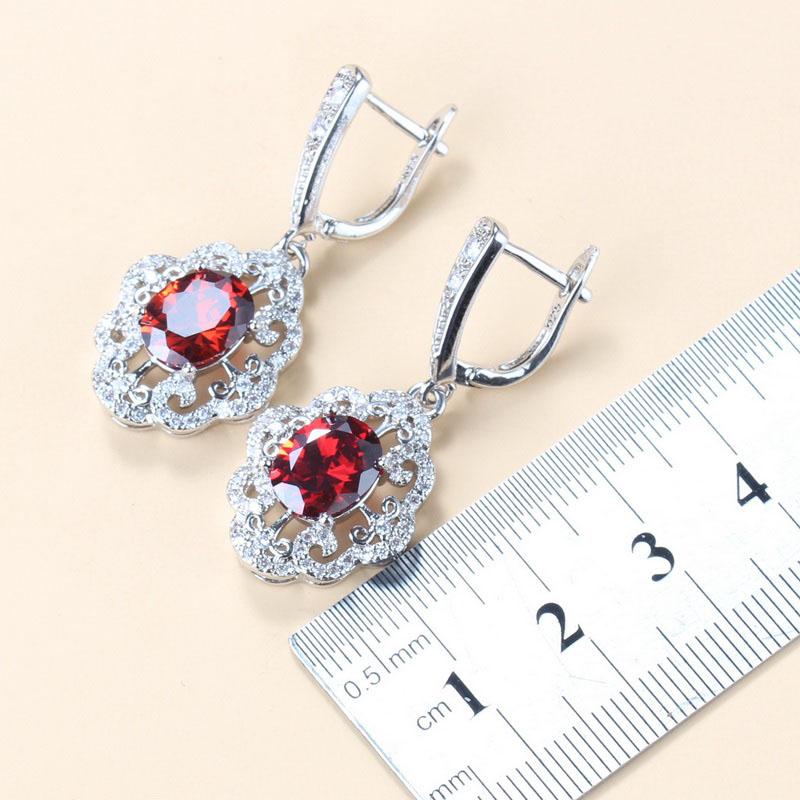 Women Wedding Jewelry Bridal Red Garnet Cz Earrings Pendant Necklace Bracelet And Ring Gift Sets