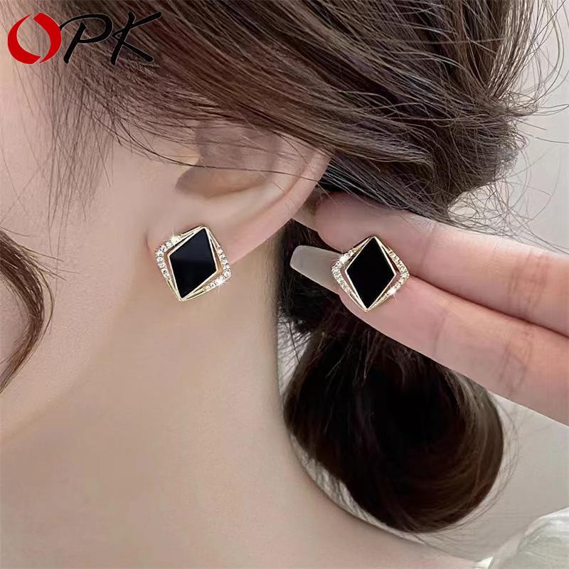 Elegant Black Square Crystal Stud Earrings for Women