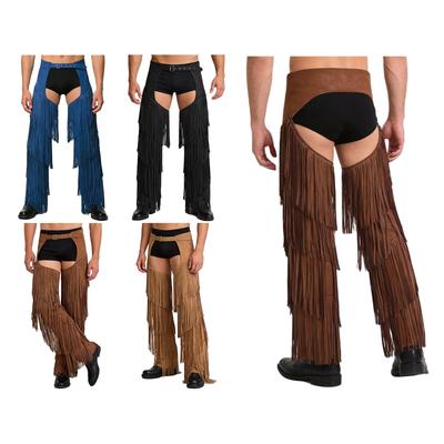 Open Crotch Buttless Pants Men Adults S-3XL - Western Cowboy Style with Layered Fringe, Adjustable Buckles for Themed Parties Carnivals