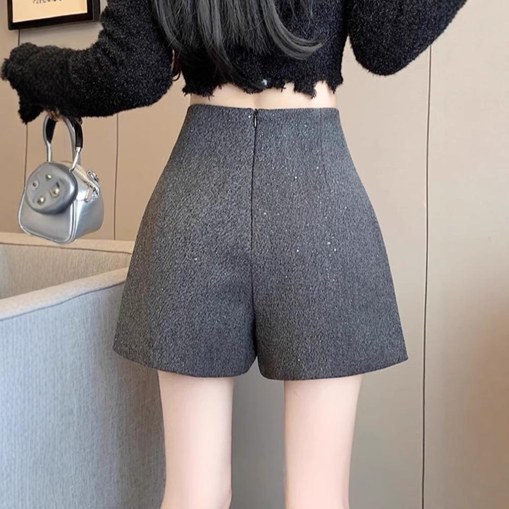 2024 A/W Woolen Sequin High Waist A-line Shorts: Women's Glitter Booty Shorts, Hot Girl Style, Wide Leg