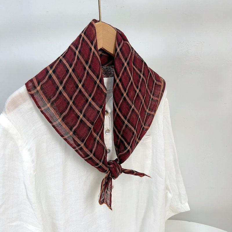 Retro Small Plaid Linen Square Scarf Literary And Versatile Women'S Summer Neck Protection Small Silk Scarf Scarf Accessories