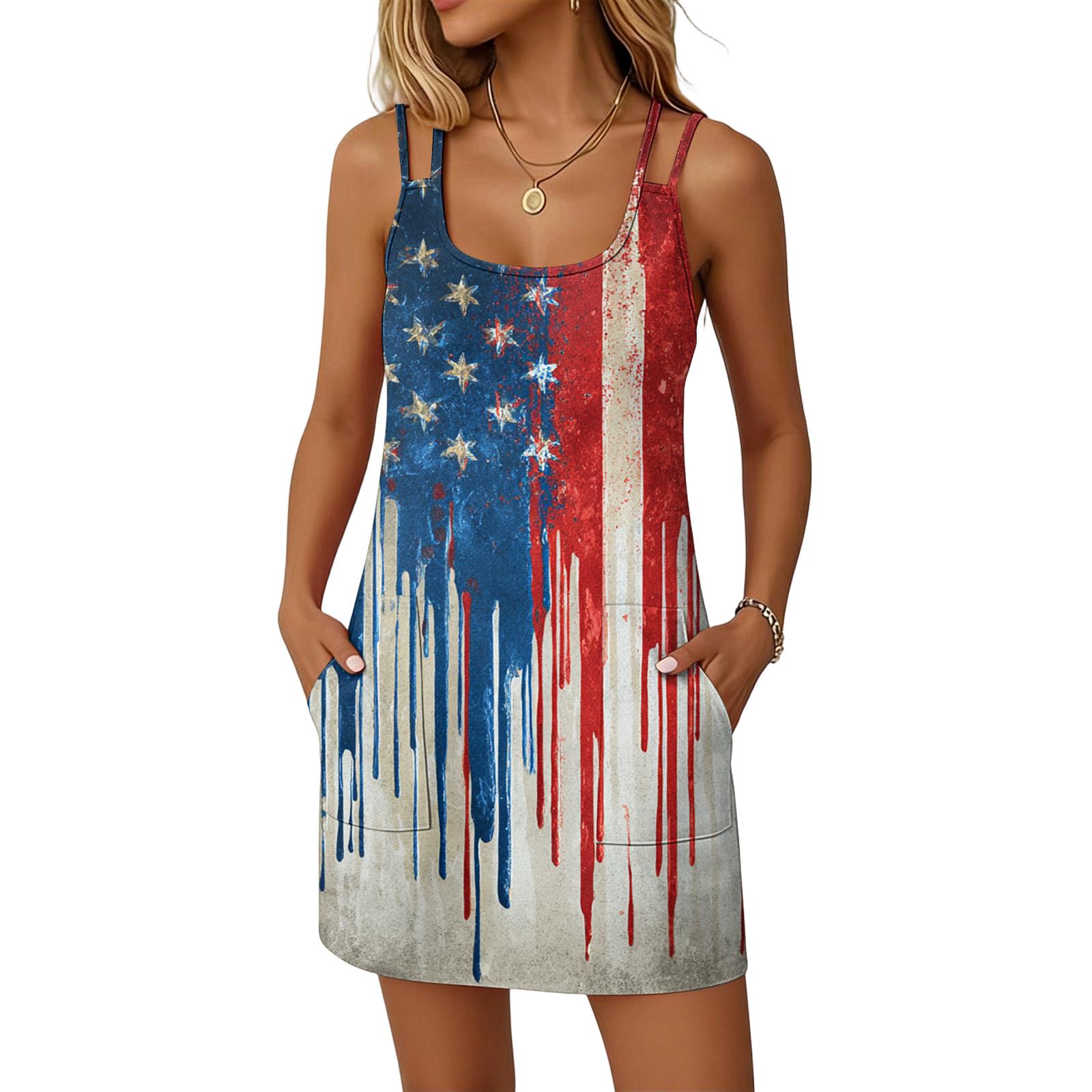 

Women’s Fashionable Casual Independence Day Printed Dress, Double-Strap Dress With Pockets XL кавун червоний колір