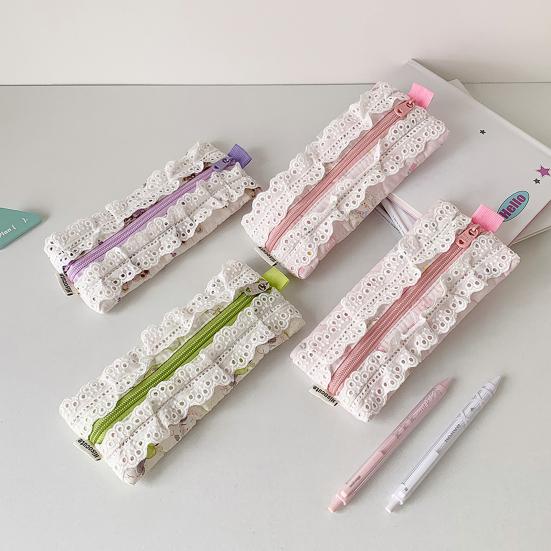 Lace Trim Pencil Case Smooth Zipper Makeup Stationery Storage Bag Cute Pen Organizer for School Office