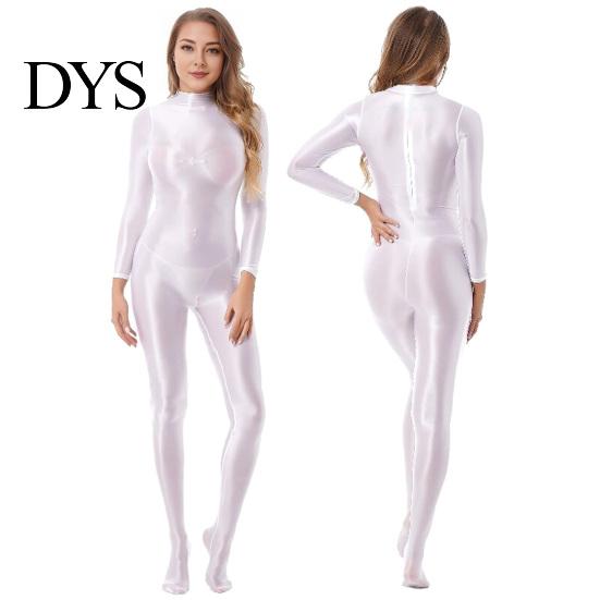 Supportive Bodysuit Lady Glossy Bodystocking Stretchy Sexy Full Long Sleeve Jumpsuit with Zipper Shiny Smooth Leotard Catsuit for Dance Practice Club