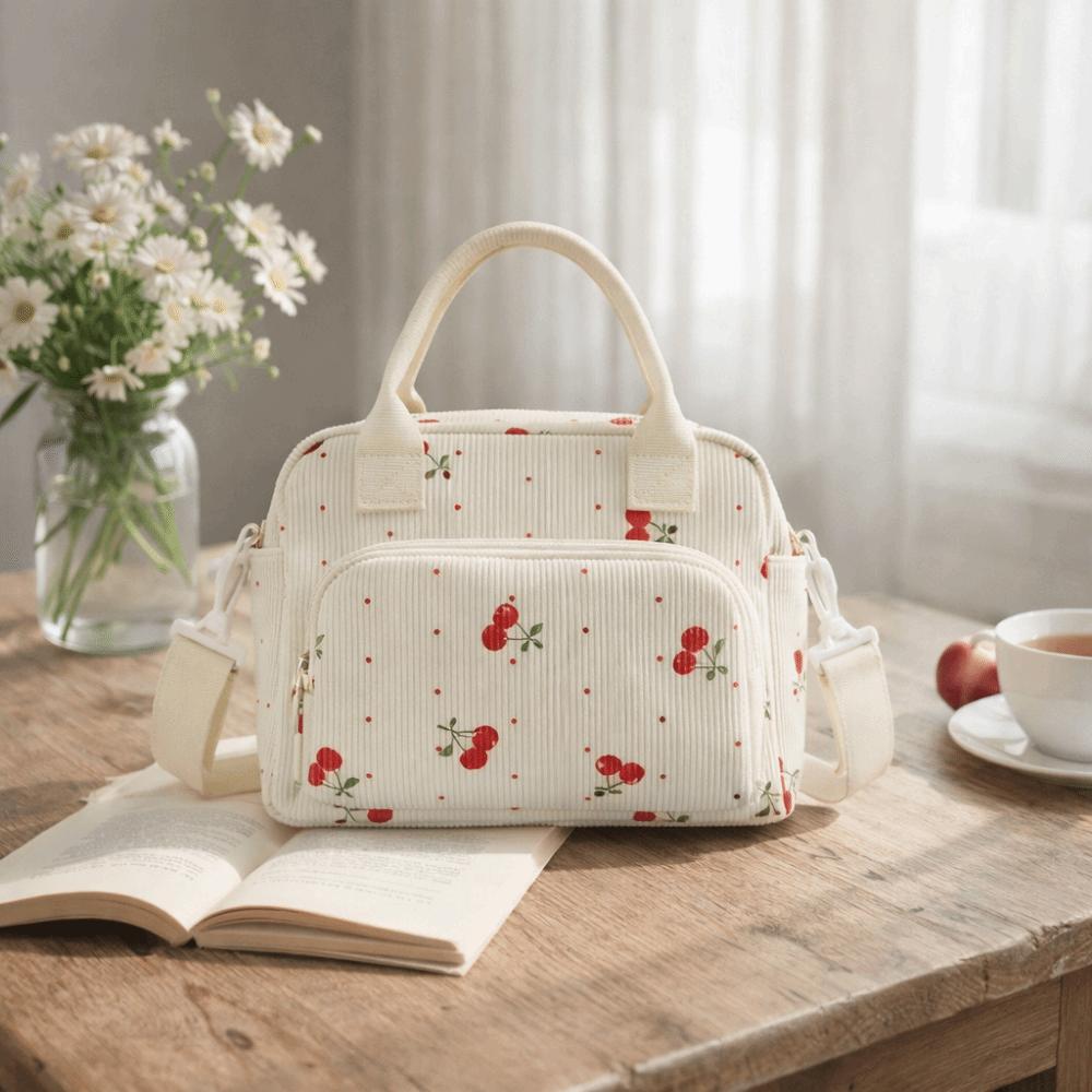 Strawberry Pattern Picnic Bag Portable Food Thermal Handbag Reusable Corduroy Lunch Bag  Hiking