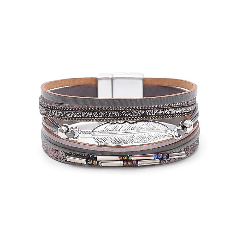 Bohemian Style Multi-layer PU Leather Bracelet Women's Leaf Magnet Buckle Jewelry Accessories
