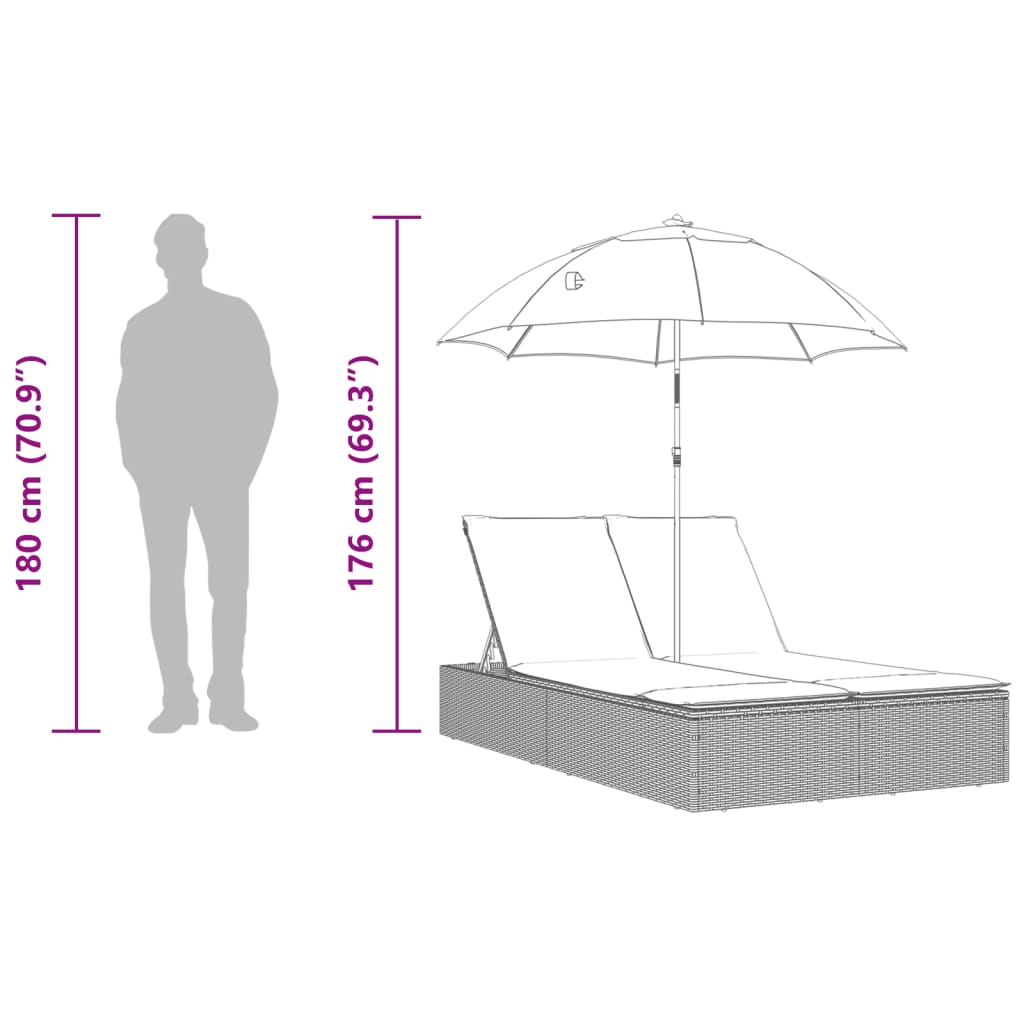 Double Sun Lounger with Cushions & Parasol Black Poly Rattan