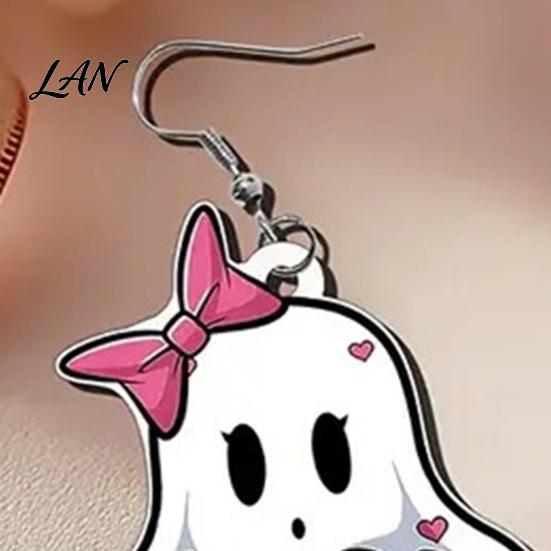 Easy to Wear Earrings Pink Heart Ghost Earrings, Cute with Bow Drop Halloween Jewelry Lightweight Acrylic for Girls Women Non-oxidizing