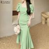 ZANZEA Women Elegant Casual Square Collar Short Sleeve Fishtail Dress