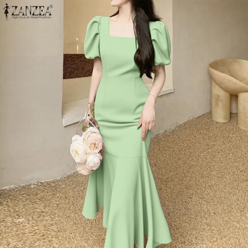 ZANZEA Damen Elegantes Lässiges Quadratischer Kragen Kurzarm Fishtail Kleid