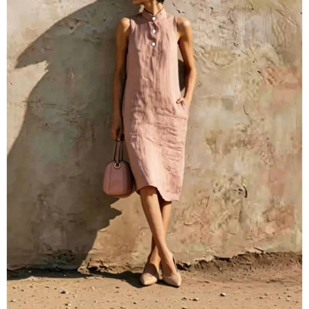 Women's Linen Blend Sleeveless Stand Collar Midi Dress with Button Detail and Pockets