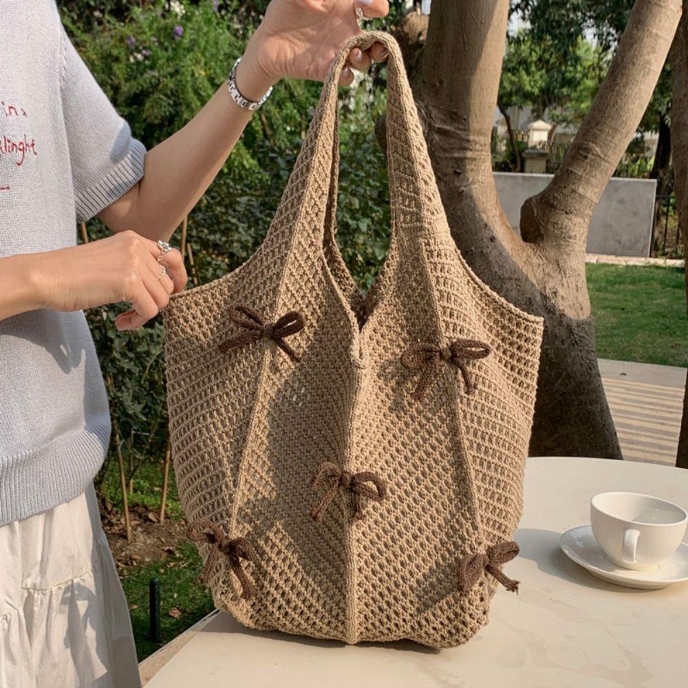 Casual Bow Knitted Shoulder Bag Bohemian Large Capacity Weave Handbag Bowknot Hollow Crochet Tote Bag Beach