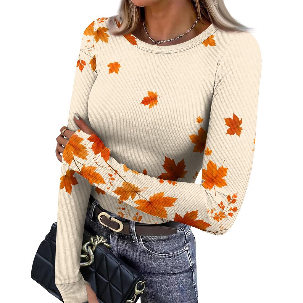 Women's Slim Fit Long Sleeve Neck T-Shirt with Leaf Print and Thumb Holes for Casual Everyday Wear