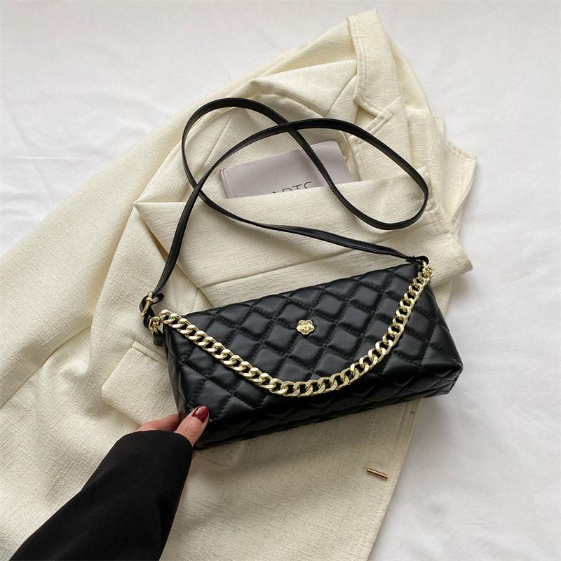 Chic Casual Pu Leather Quilted Shoulder Chain Bag For Women Fashionable Crossbody Purse Black