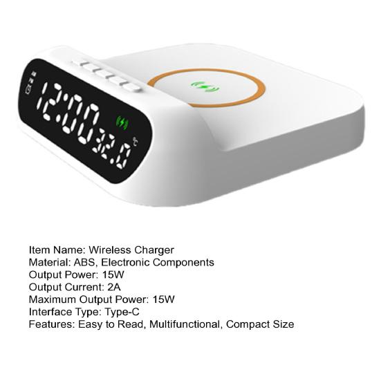 Wireless Charger with Digital Alarm Clock Temperature Display Wide Compatibility 15W Fast Charging 3-in-1 Wireless Charging Station