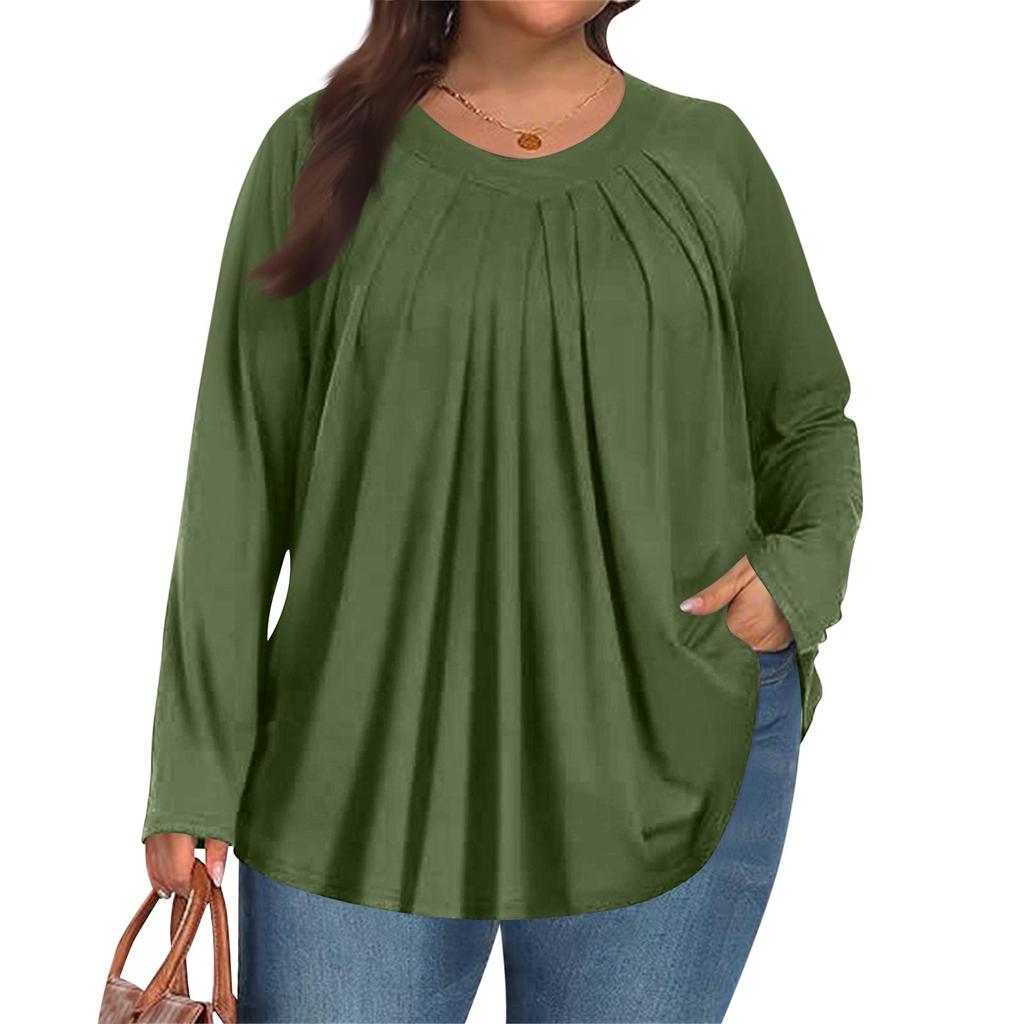 Damen Plus Size Mode Farbe Lässig Falten Rundhals Langarm Oberteil