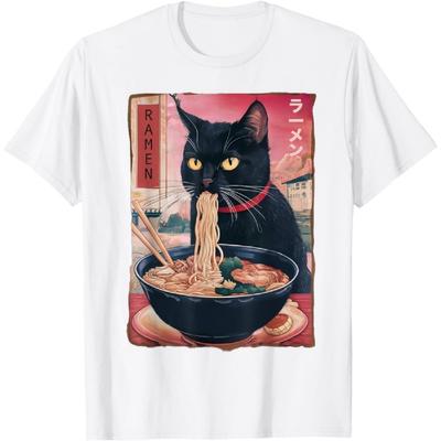 NeotoBatAO Kot Ramen Makaron Japoński Kawaii Anime Ramen Kot Mężczyźni Wonen Koszulka