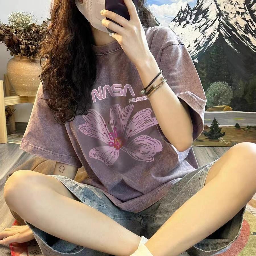 Dámské topy s krátkým rukávem americké vintage tričko s krátkým rukávem Purple Street Niche volné úzké topy
