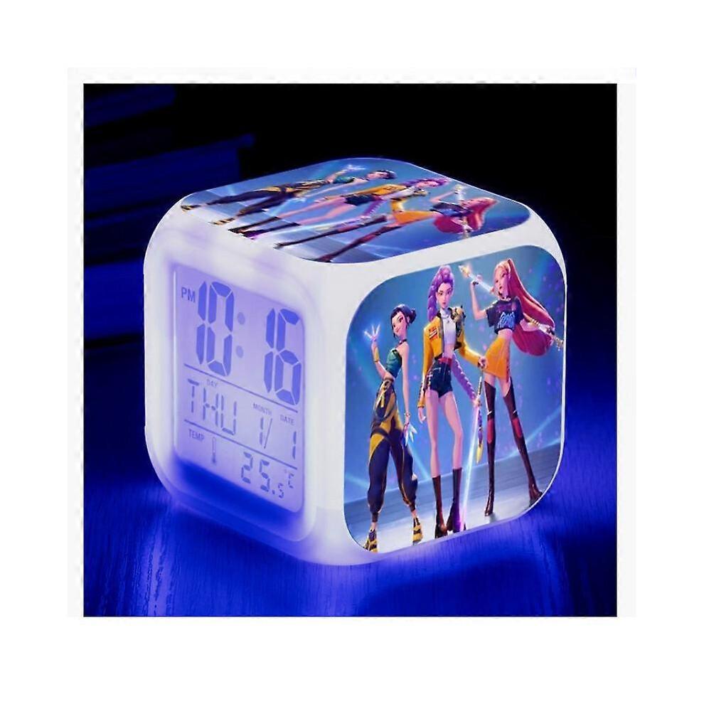 (1)KPop Demon Hunters Alarm Clock Anime Peripheral LED Cube with Colorful Light Display Time Children Desktop Decor Digital Clock