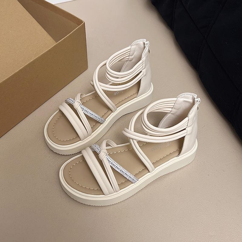 Fashion Comemore Summer New Fashion Rhinestone Flat Bottom Sandals Roman Style Cove Heel Outdoor Sandales Casual Cross Strap Women Shoes