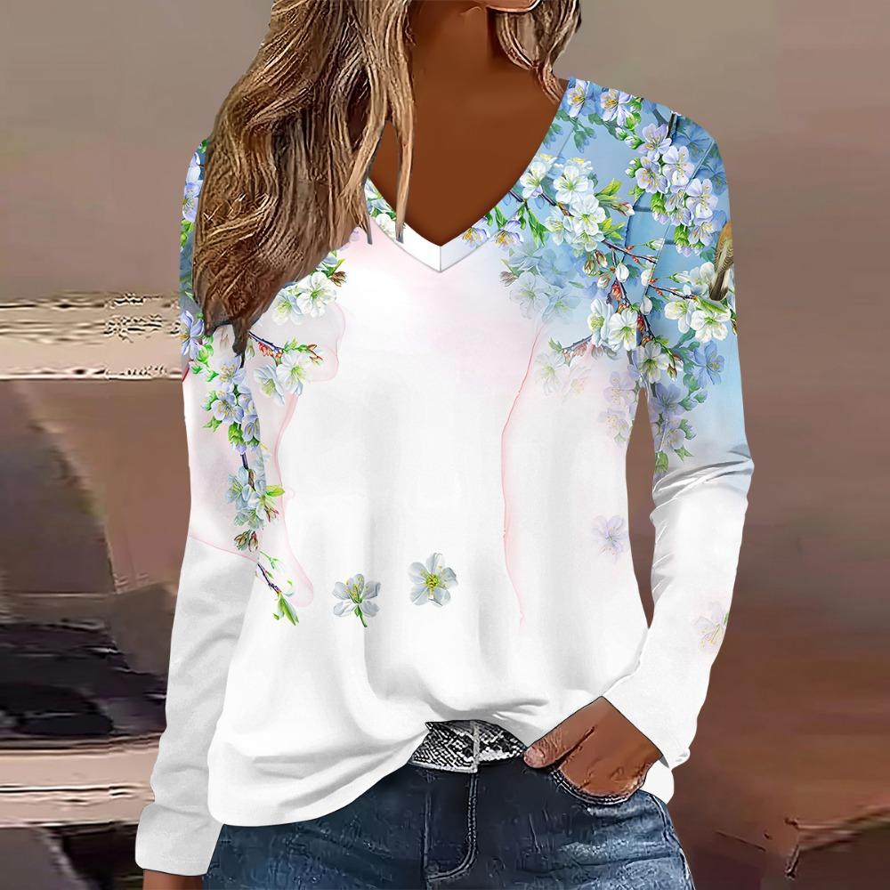 Women's autumn and winter fashion digital printed casual long sleeved T-shirt