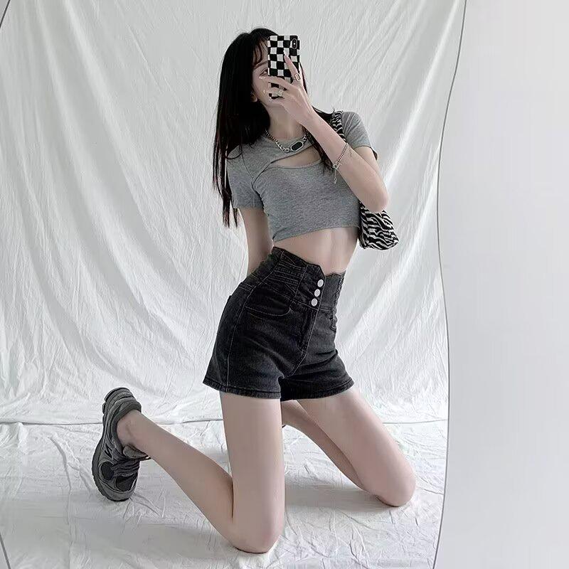 Elastic High-Waist Denim Shorts with Slimming Straight-Leg Design and Abdomen Control for Women