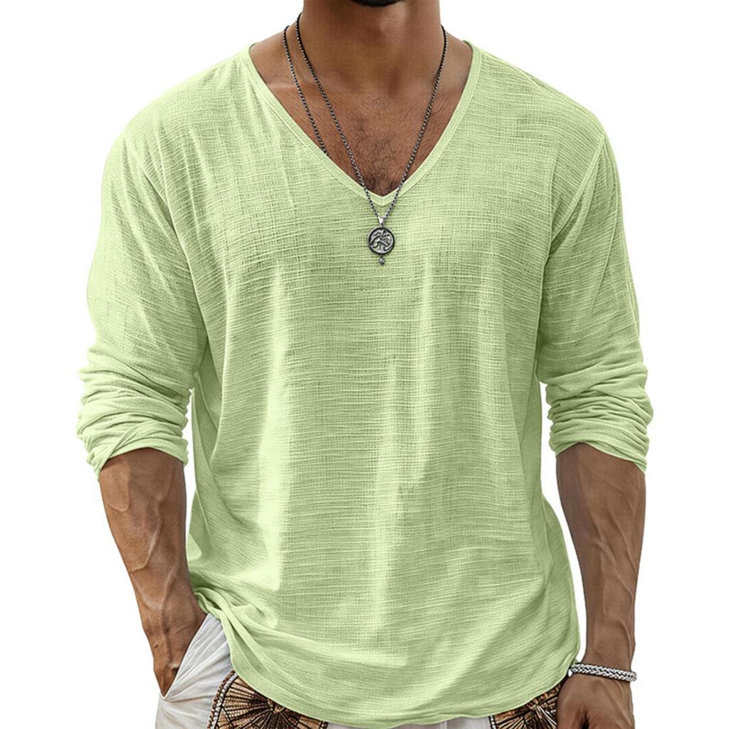 Men Long Sleeve T Shirt V Neck Solid Color Casual Streetwear Lightweight Comfortable Fit Simple Design Long Sleeve Top