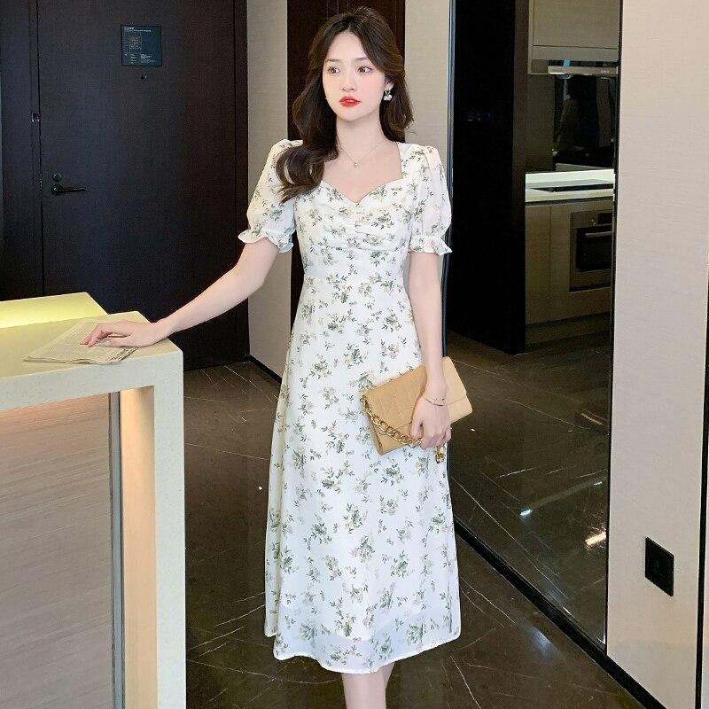 Mote fransk blomsterkjole for kvinner Chiffon søt kortermet sommerkjole Festantrekk Bodycon Lang kjole Robe 25395