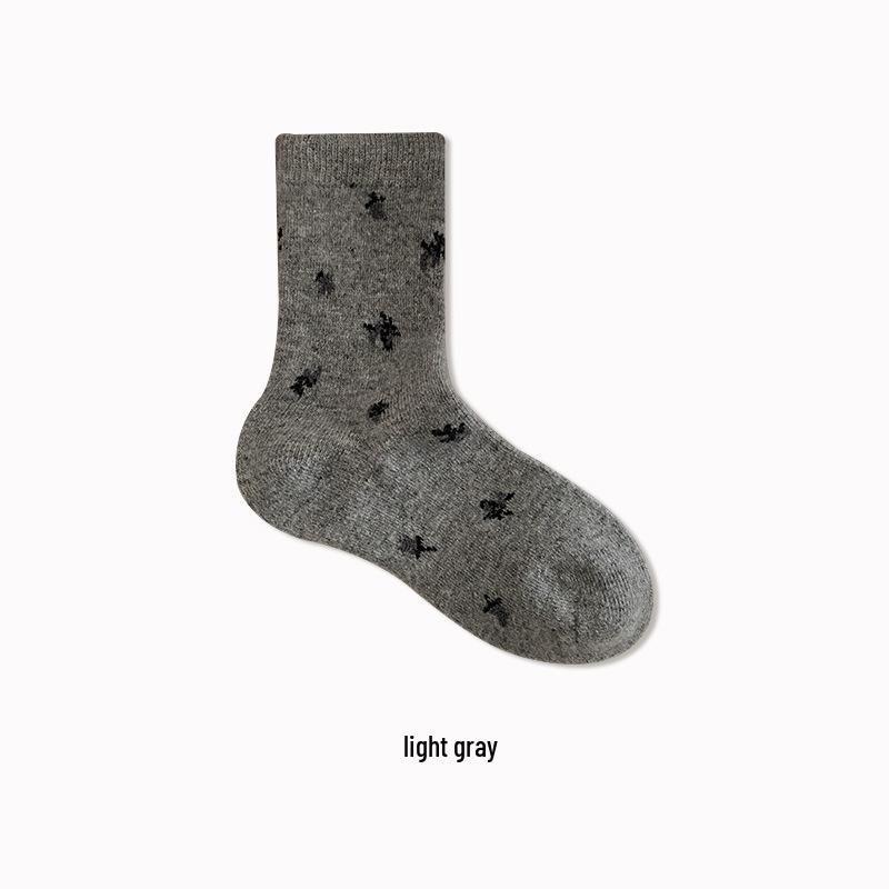 Women's Khaki Wool Mid-Calf Socks - Autumn/Winter Floral Scrunch, Cashmere-Blend, Thick & Warm