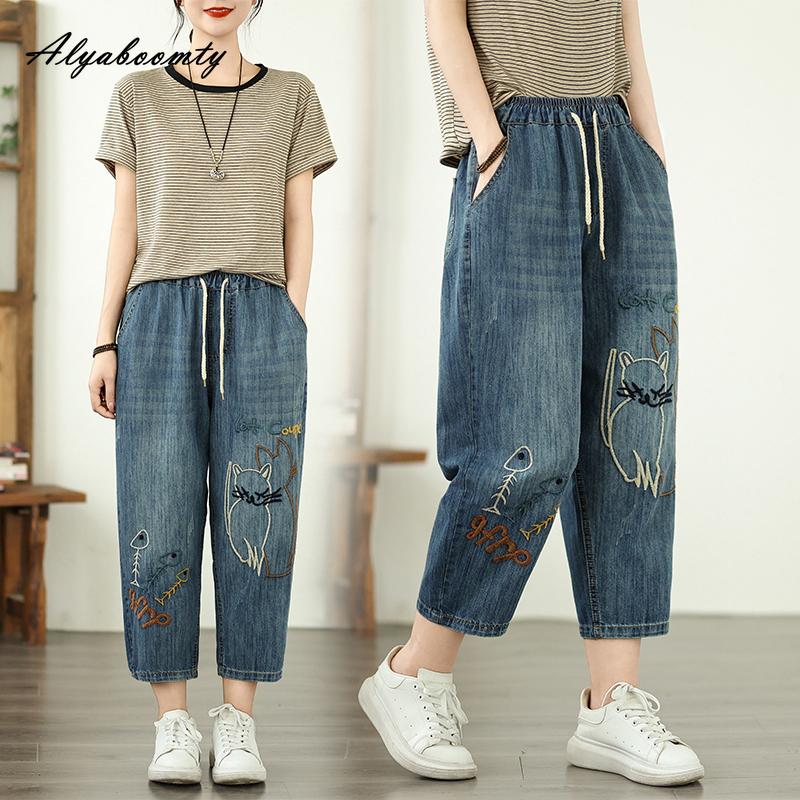 Stil coreean de vară femei Streetwear denim capris cu talie elastică cu cordon, drepte, blugi cu broderie din desene animate, blugi eleganti, feminini, până la gleznă