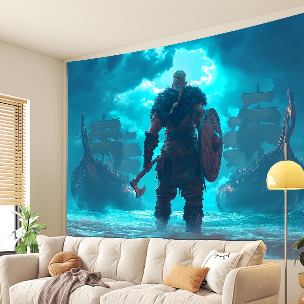 Ornate Style Viking Warrior Wall Tapestry-Polyester Decorative Tapestry for Living Room Bedroom Office Party Decor