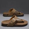 Leather Upper Cork TPR Soft Sole Men's Flip Flops Adjustable Buckle Slip On Flat Slippers with Arch Support Outdoor Beach Slides