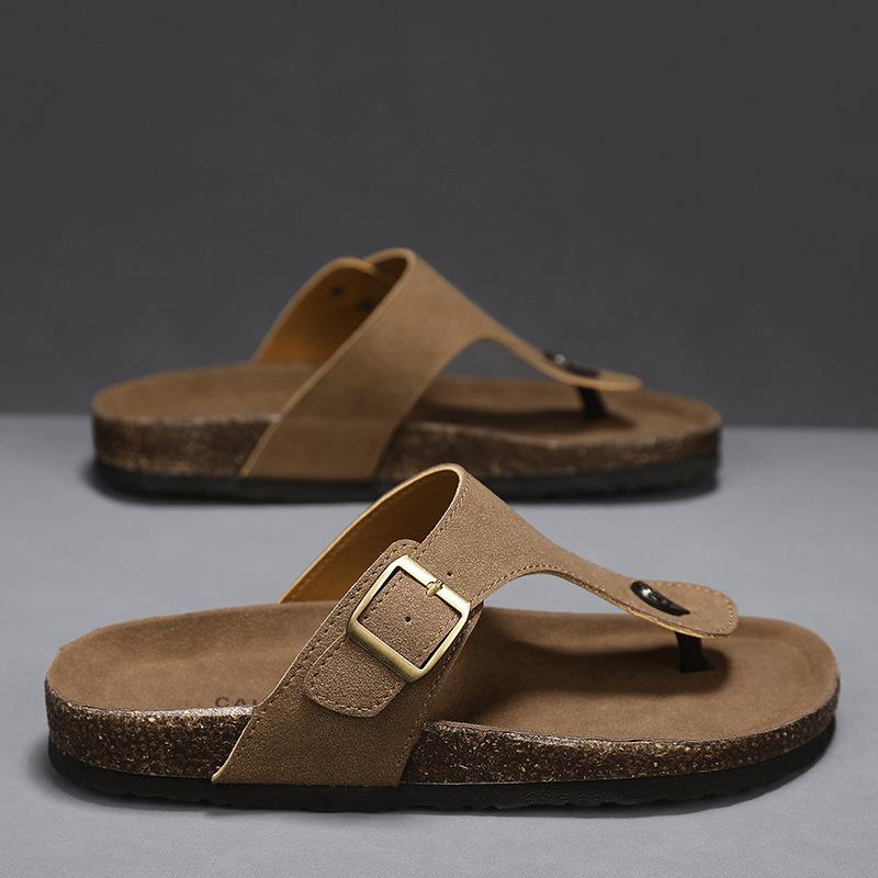 Leather Upper Cork TPR Soft Sole Men's Flip Flops Adjustable Buckle Slip On Flat Slippers with Arch Support Outdoor Beach Slides