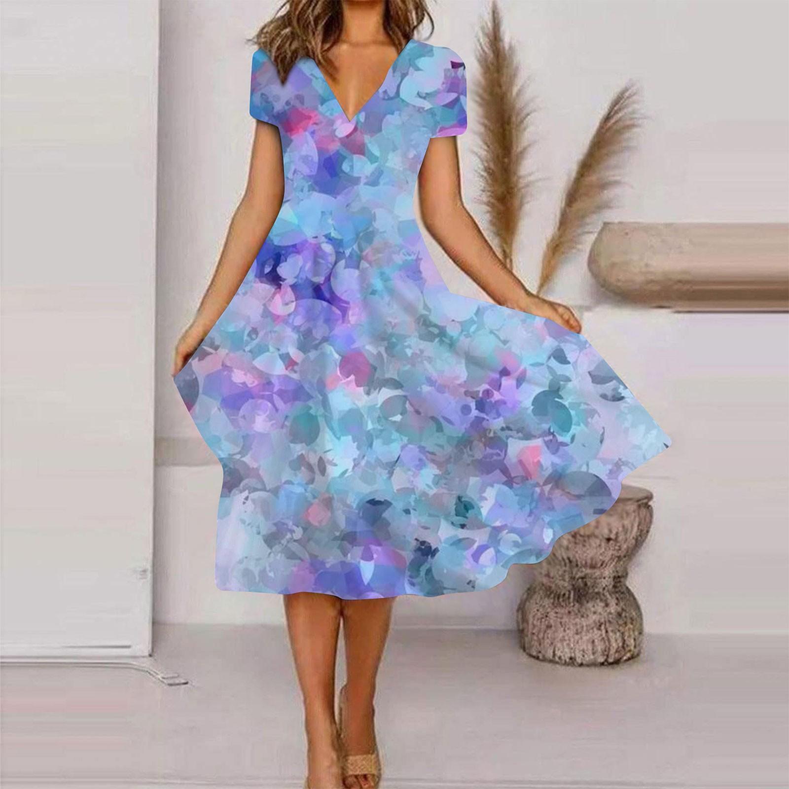 

Женское летнее повседневное модное свободное платье с коротким рукавом и v-образным вырезом с цветочным принтом XXXXL синий