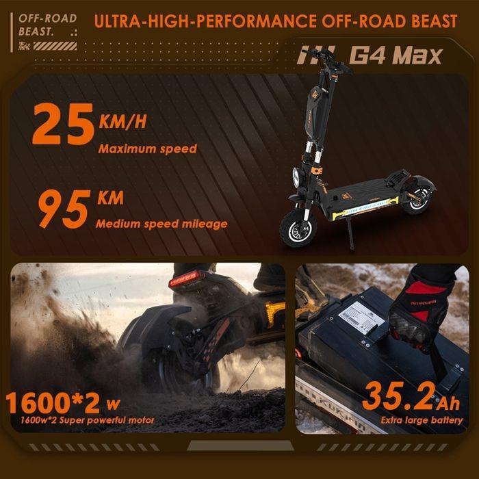 Terénní elektrická koloběžka KuKirin G4 Max 12'', 2 motory 1600W, baterie 35,2AH, dojezd 95KM, vhodné pro dospělé