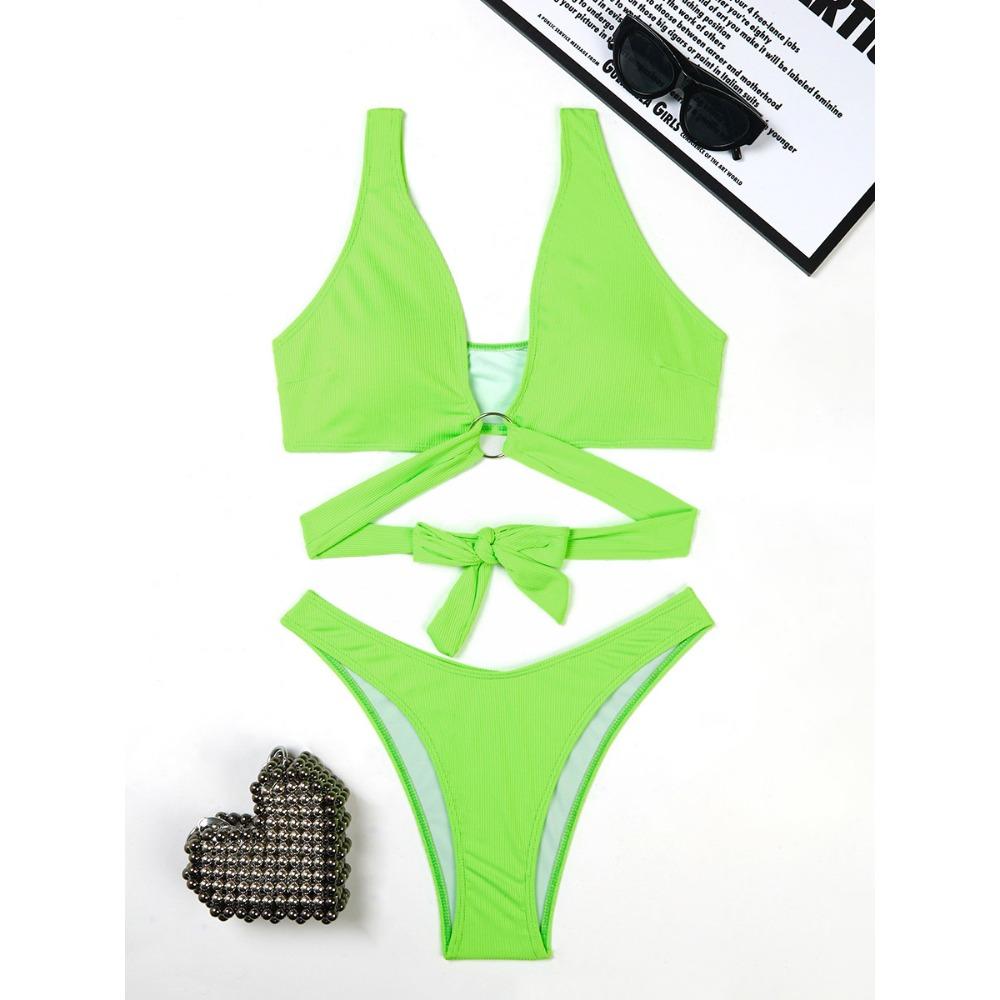 European and American Solid Color Ring Small Pit Strip Bikini Sexy Swimsuit