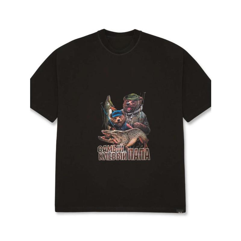 Crewneck T Shirt White Fishing Dog and Fish Print with Russian Text for Casual Wear