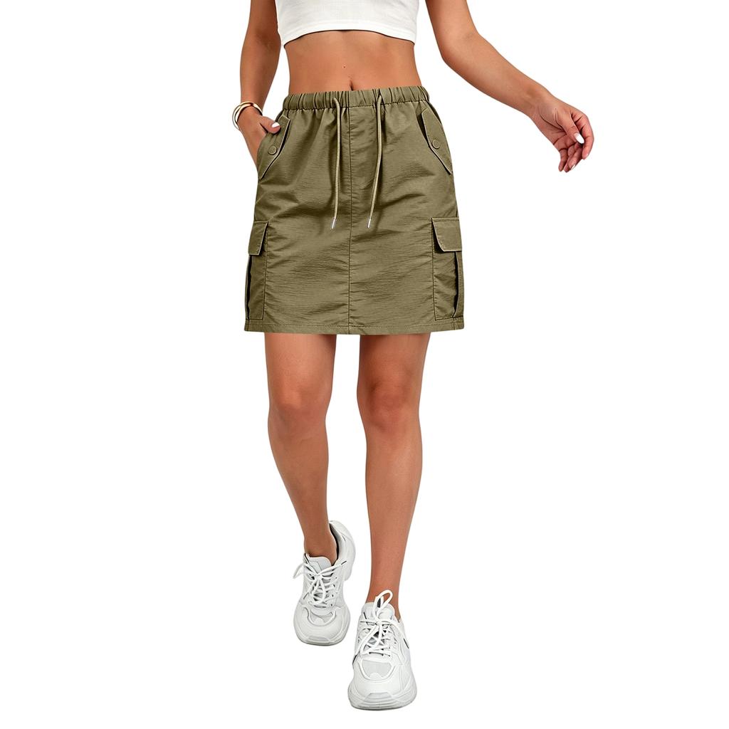 Women's Casual Mini Skirt with Drawstring Waist and Pockets Utility Style Lightweight Workwear Skirt Suitable for Everyday Wear