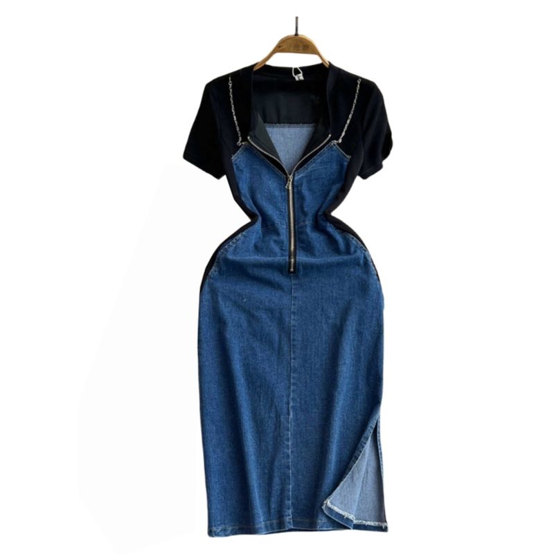 Visual Slimming Waist Feeling Silm Denim Dress Short Patchwork Design Zipper V Neck Short Sleeve High Denim Skirt