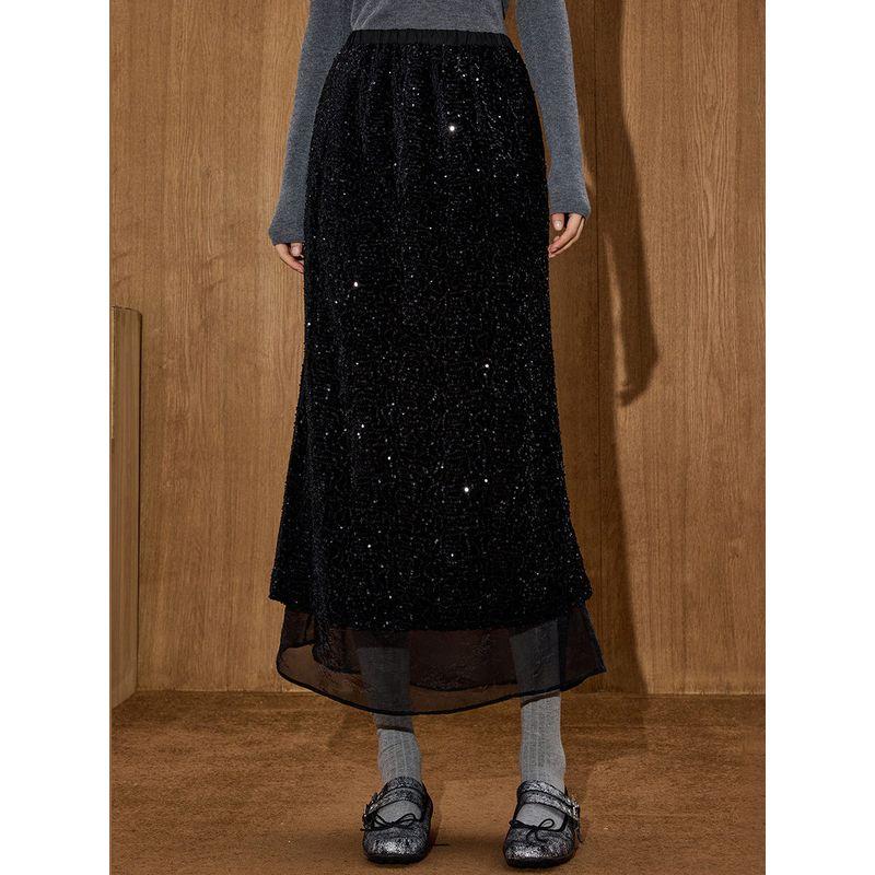 Coolhut Black Silk French Sequin Shiny High-Waisted Straight Elegant Long Skirt Workwear New Winter Skirt for Women
