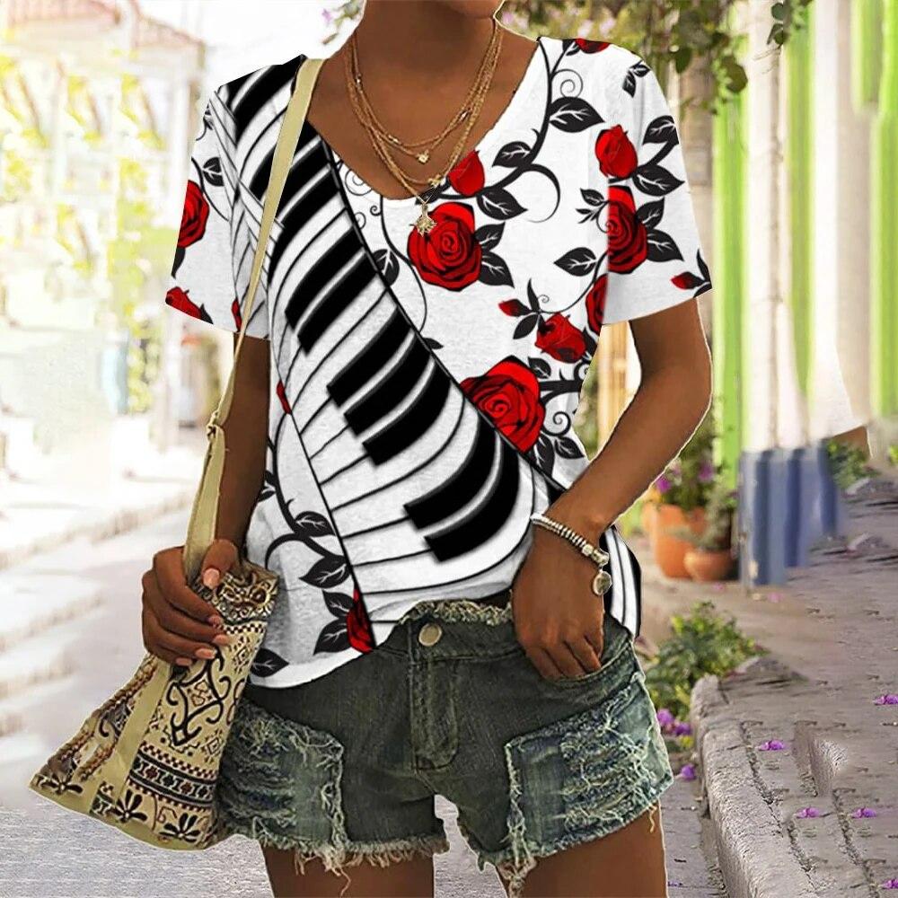 Music Notes 3d Printing Women's Casual Fashion Street Short-sleeved V-neck T-shirt