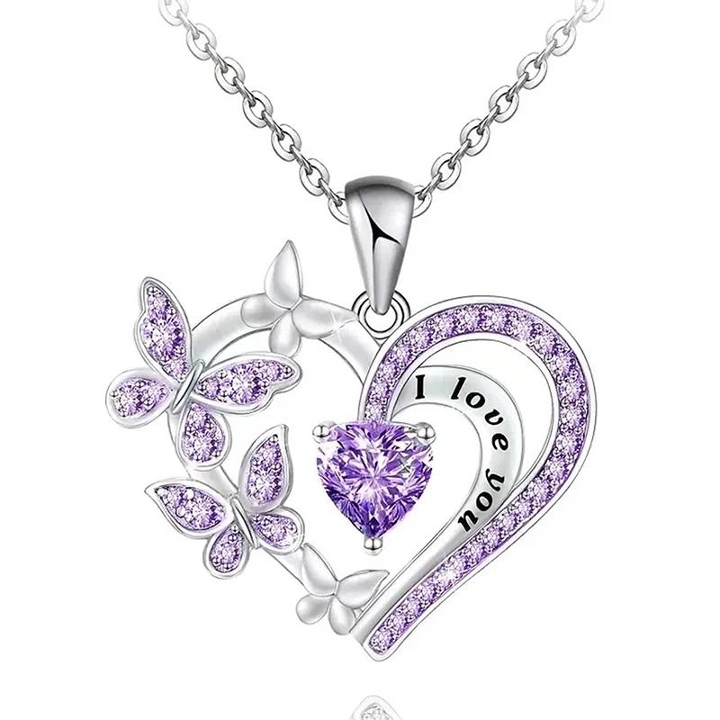 Huitan Aesthetic Heart Butterfly Women Pendant Necklace with Purple/White CZ Wedding Elegant Trendy Accessories Party Jewelry