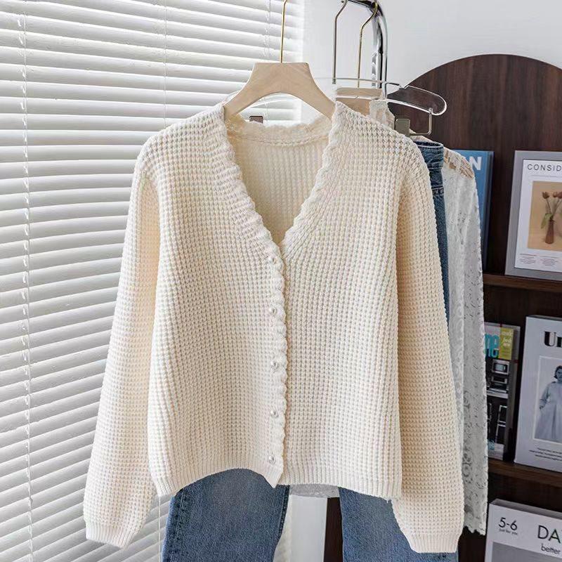 Waffle Knit Cardigan Women Spring Autumn Round Neck Versatile Sweater Fashion Top