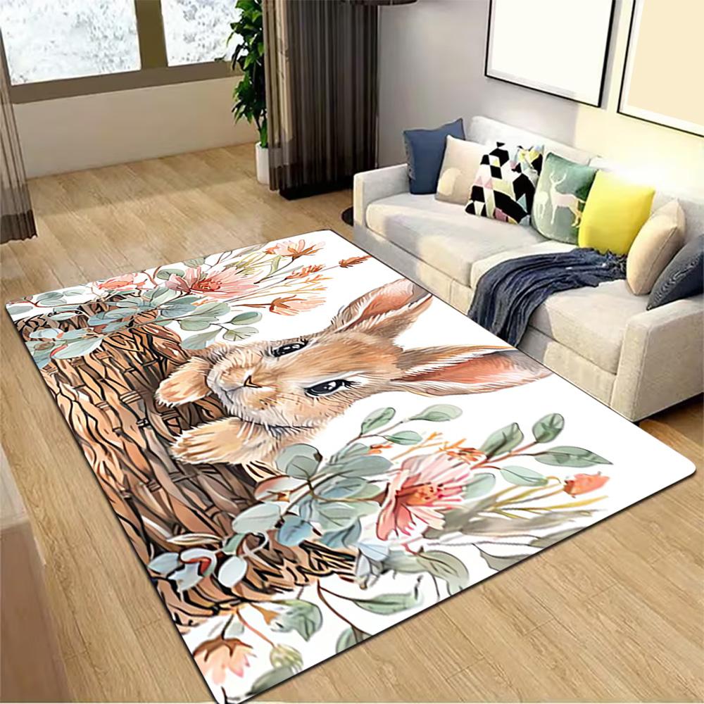 Spring Bunny Watercolor Print Decoration,Carpet,Living Room,Bedroom, Non-slip,Square rug