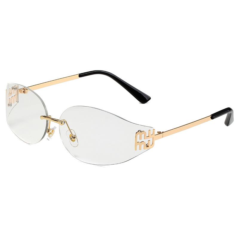 Rimless Oval Sunglasses Women UV400 Oversized Gradient Black Lenses Metal Frame Punk Goggles Female