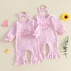 Citgeett Autumn Infant Girl Outfit Puff Long Sleeve Letters Embroidery Striped Bell Bottom Romper Headband Pink Set