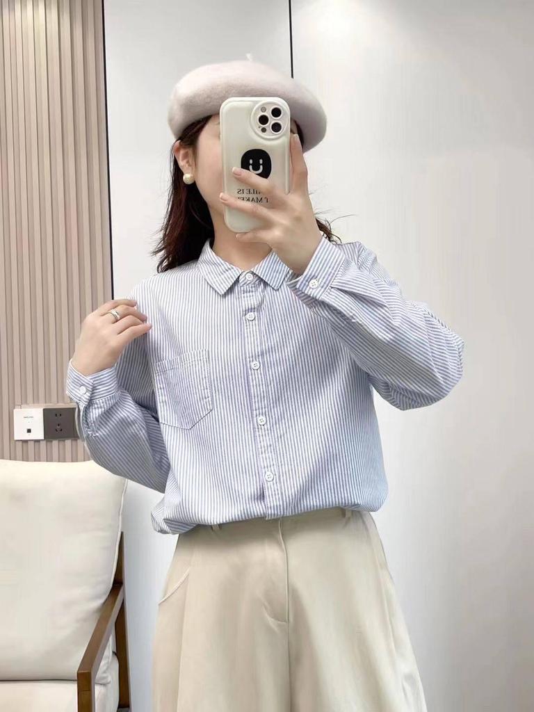 2026 Women's Spring/Autumn College Style White Oxford Shirt with Vertical Stripes – Long Sleeve, Artistic Fresh Trend